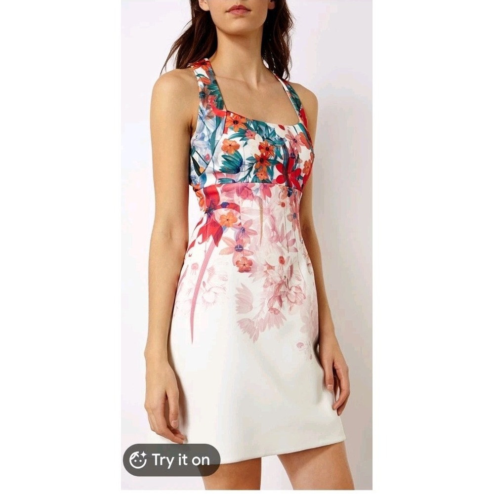 Karen Millen White Floral Halter Open Back Short Occasion Party Dress US 6 UK 10